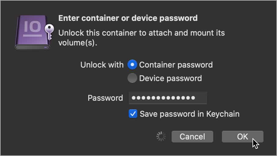 Unlock container dialog