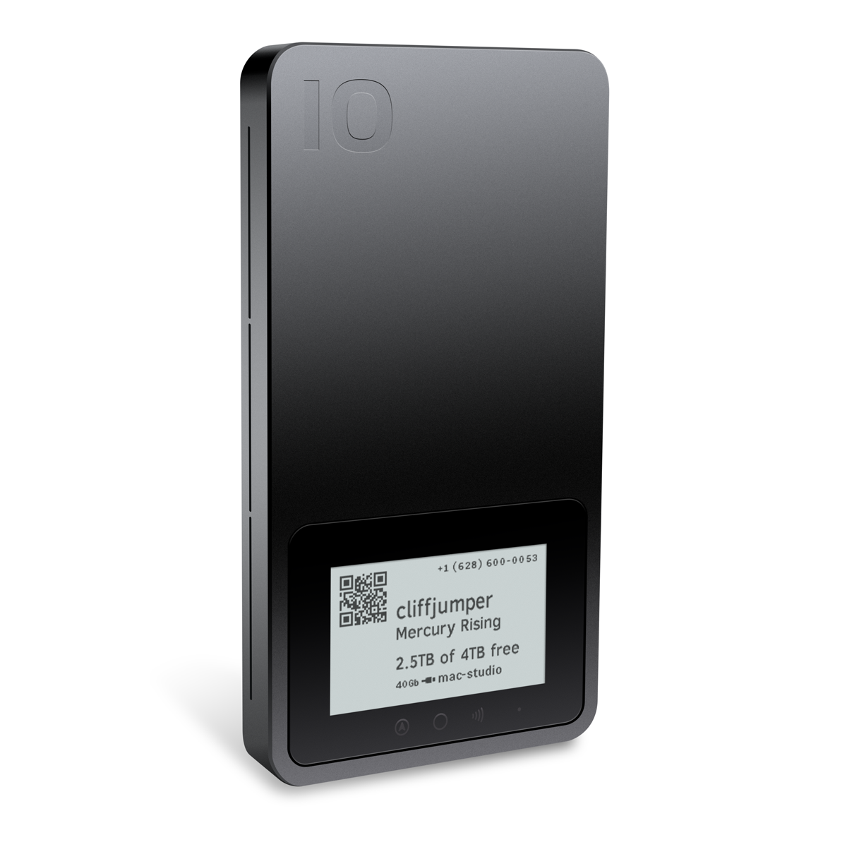A small, black, phone-sized Pro Mini in three-quarter view, standing vertically. An e-paper Digital Label shows an example state with a QR code, device name, project name, contact phone number, usage described as "2.5TB of 4TB free," and connection speed