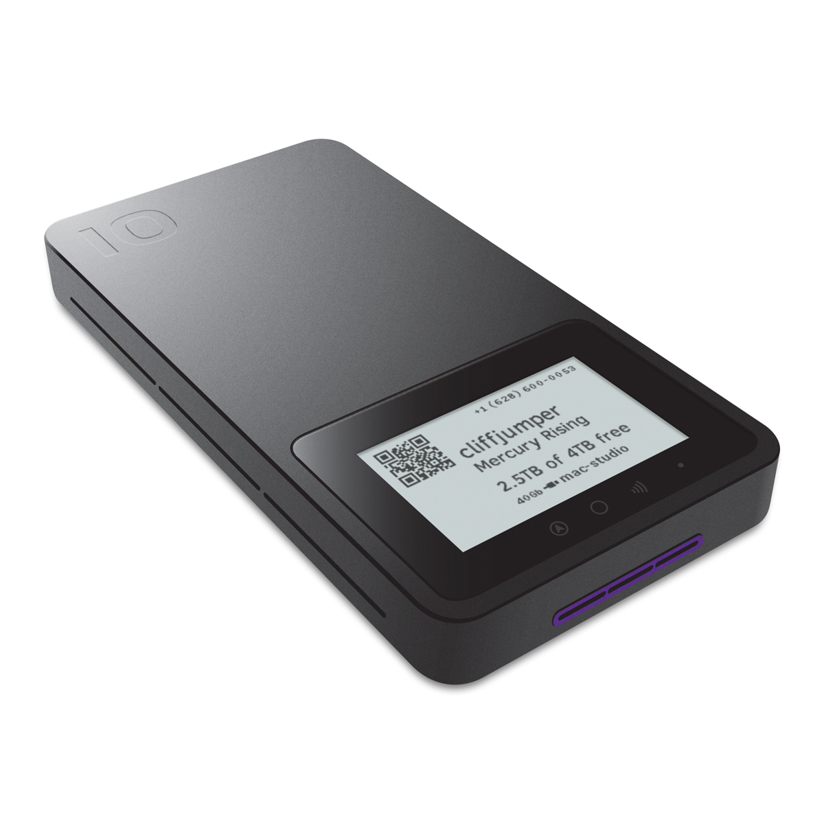 A small, black, phone-sized Pro Mini in three-quarter view, laying horizontally. An e-paper Digital Label shows an example state with a QR code, device name, project name, contact phone number, usage described as "2.5TB of 4TB free," and connection speed