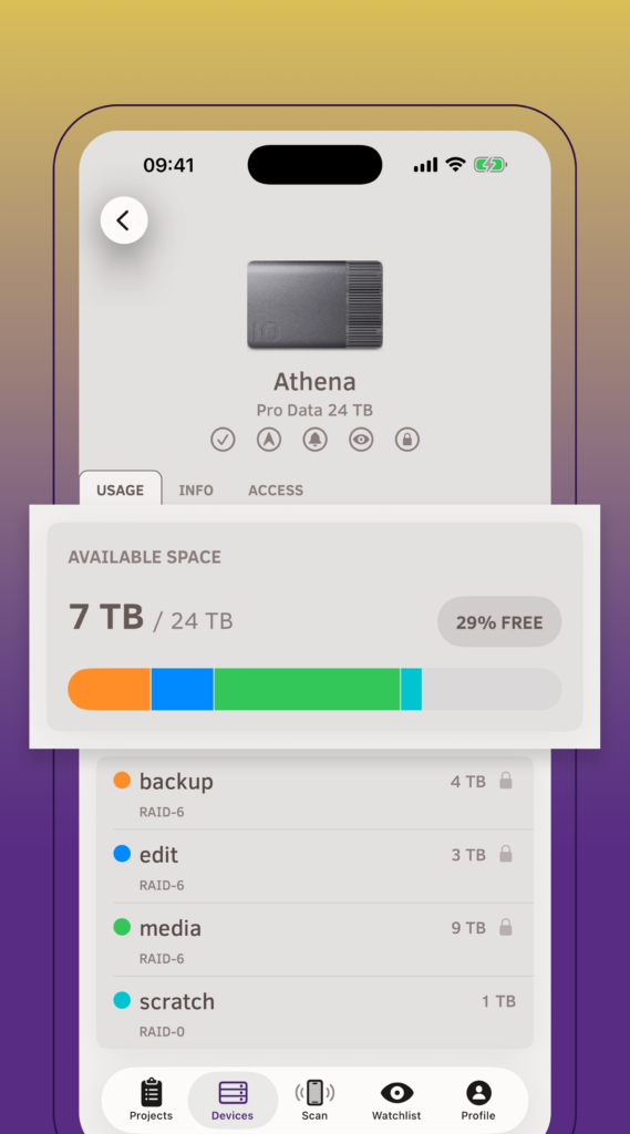 iodyne Fleet Management iOS App Screen showing Device Details of a hardware data storage device