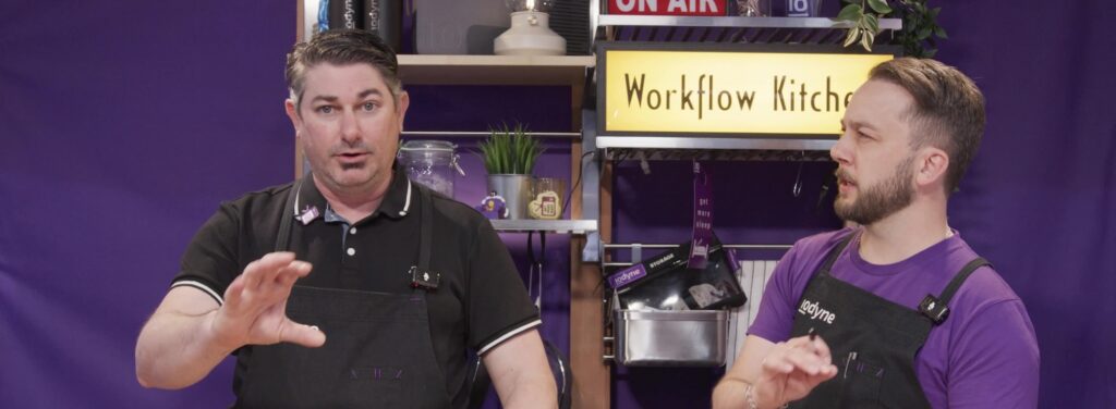 Dane Brehm, Film Technologist and Martin Christien at Workflow Kitchen discussion space