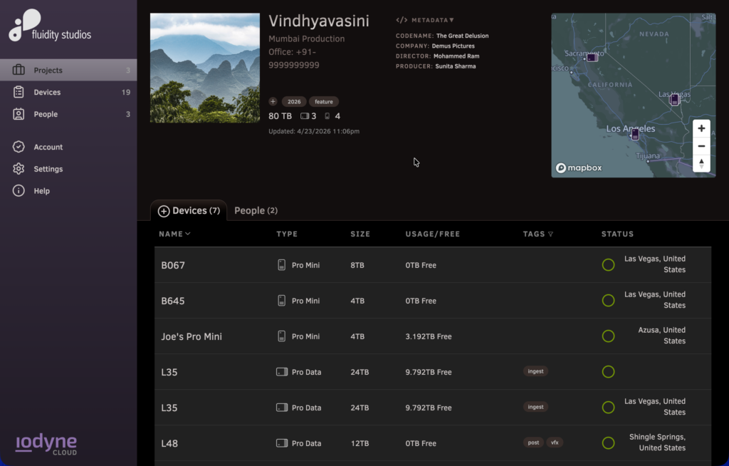iodyne Cloud - Project Detail - Devices online dashboard to manage an inventory of hardware storage devices