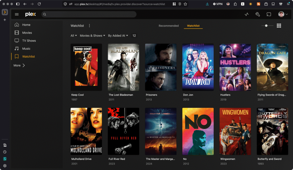 Plex Media Server screen showing twelve movies in a Watchlist