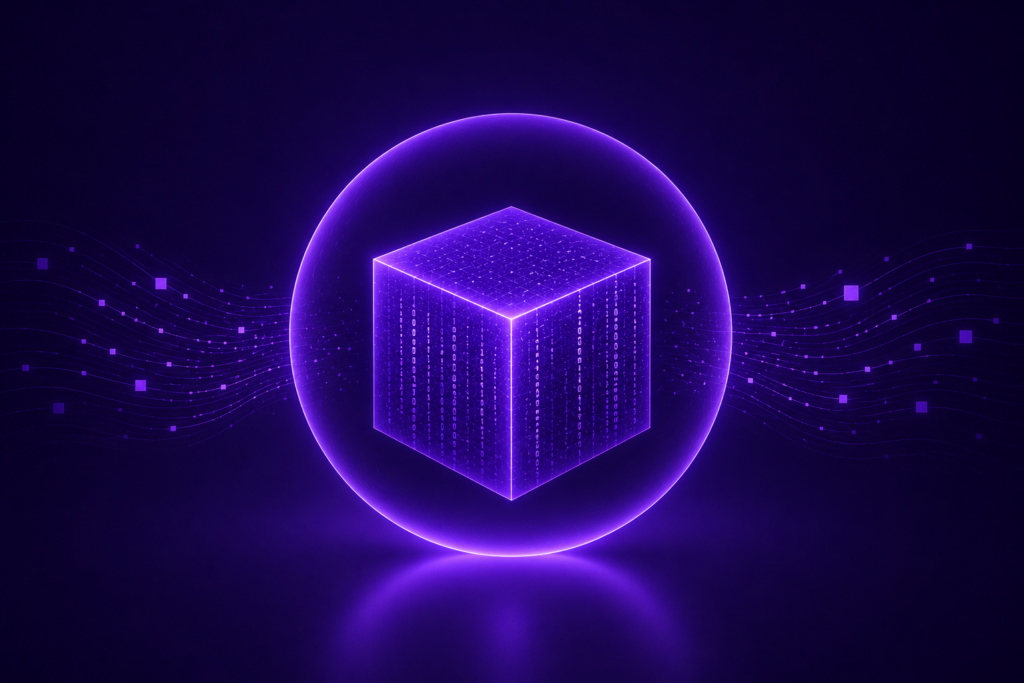 an abstract cube encircled by a glowing sphere