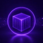 an abstract cube encircled by a glowing sphere