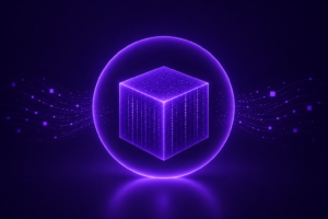 an abstract cube encircled by a glowing sphere